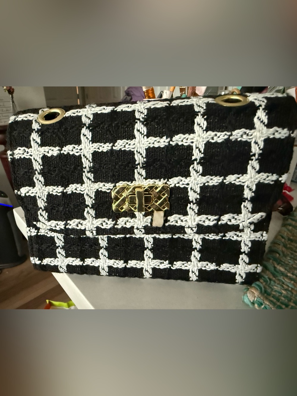 Black & White Check Tweed Clutch with Gold Hardware